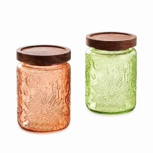 2-Piece 24oz Glass Storage Jar Set with Wooden Lids and Embossed Floral Detail, Green and Brown