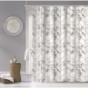 Silver 70 in. x 72 in. Luxe Marble Look Metallic Printed 100% Cotton Shower Curtain