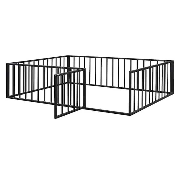 Black Metal Frame Queen Size Floor Platform Bed with Full-Length Fence Guardrails and Door, No Slats