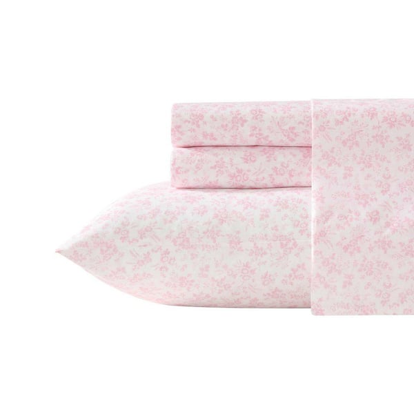 Laura Ashley Floral Toile 3-Piece Pink Cotton Twin Sheet Set