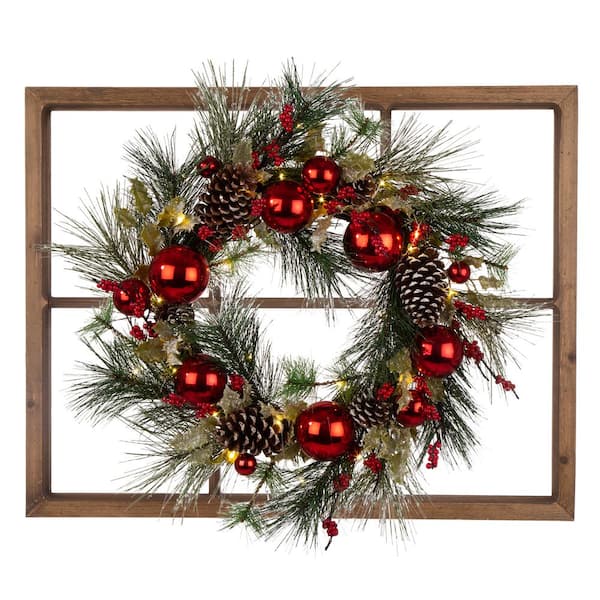 Glitzhome 7 in. Wooden Window Frame with LED Pre-Lit Pinecone and Ornament Wreath