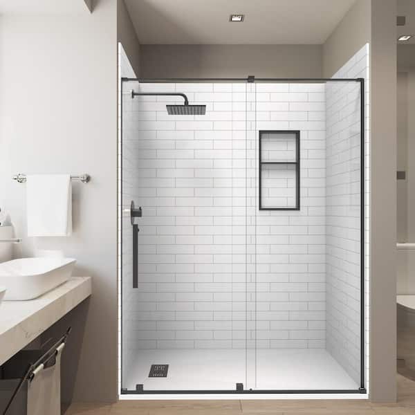 Subway 36 in. x 60 in. x 84 in. Solid Composite Stone Alcove Shower Combo Kit Matching Matte Black Door, Niche and Drain