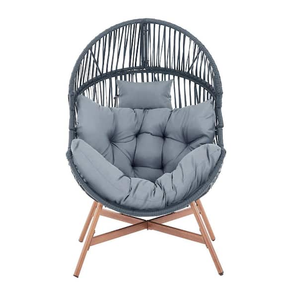 37.8 in. W Oversized Dark Blue Egg Wicker Indoor Outdoor Lounge Chair with Dark blue Cushions
