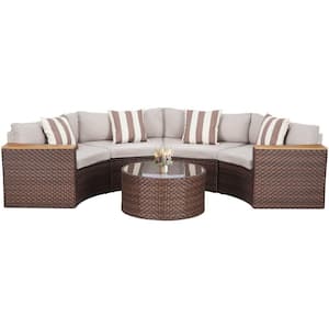 5-Piece Wicker Outdoor Half-Moon Sectional Sofa Set with Brown Cushions and Round Table