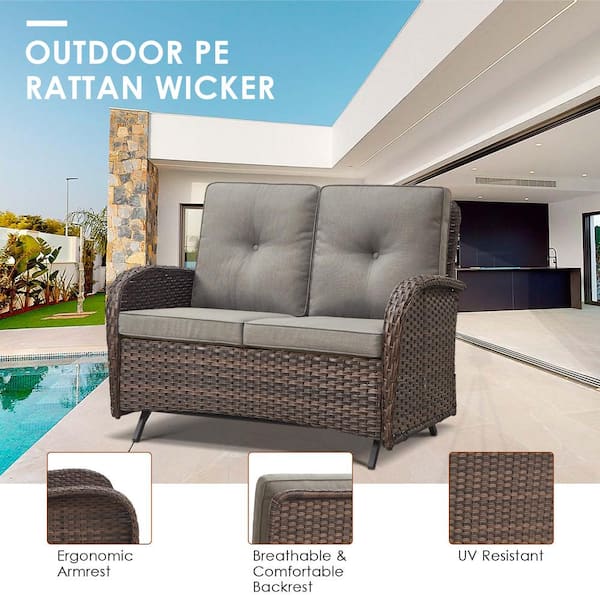 2-Person Wicker Patio Outdoor Glider with Cushion Guard Gray Cushions