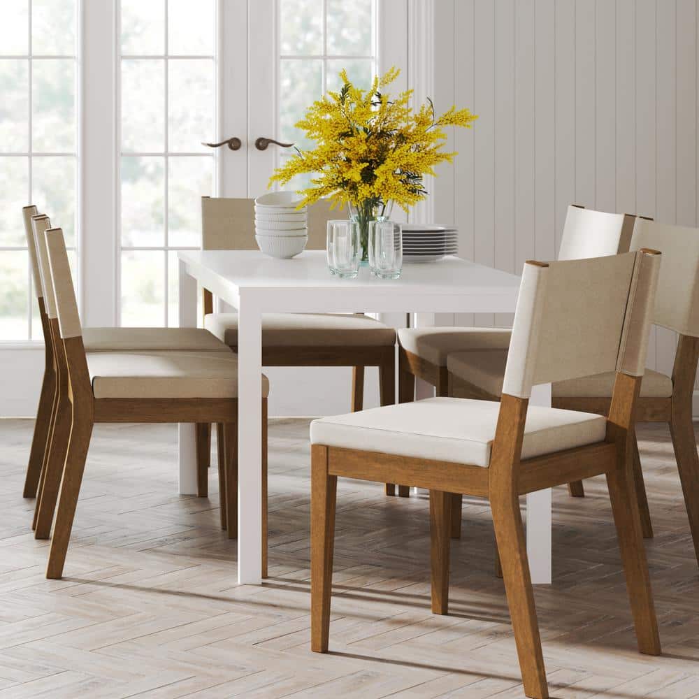 Light Gray Linen and Dark Brown Wood Upholstered Side Chair