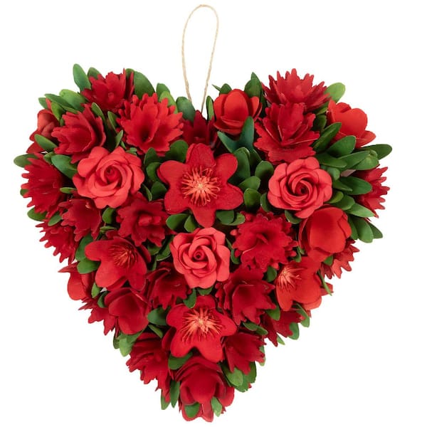 Northlight Mixed Floral with Wooden Flowers Artificial Valentine's Day Heart Wreath - 12.25 in.