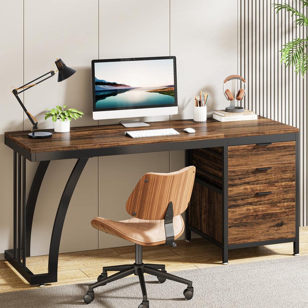 BYBLIGHT Havrvin 59 in. Rectangular Rustic Brown and Black 3-Drawer Computer Desk with File Storage for Home Office, image size:1000x1000