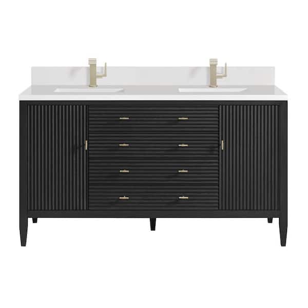 James Martin Vanities Myrrin 60.0 in. W x 23.5 in. D x 34.06 in. H Double Sink Bathroom Vanity in Carbon Oak with White Zeus Quartz Top
