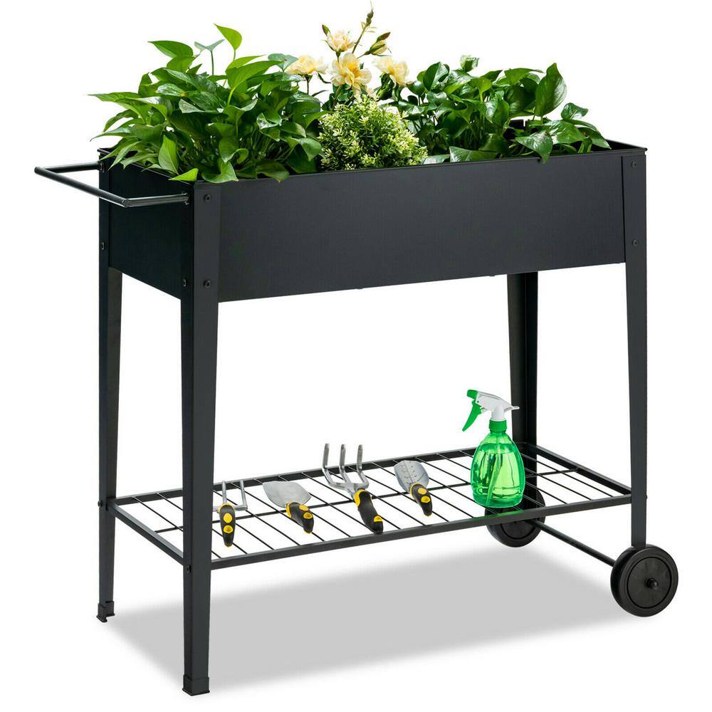 Cisvio Elevated Plant Pot On Wheels Steel Plant Pot With Shelf For