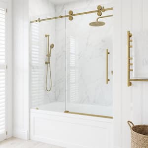 Elan 56 to 60 in. W x 66 in. H Sliding Frameless Tub Door in Matte Brushed Gold with 3/8 in. (10mm) ProtecGlass