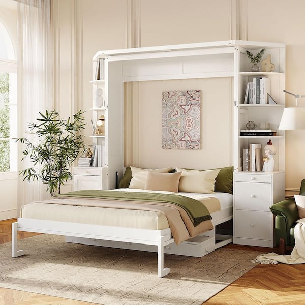 White Wood Frame Queen Size Murphy Bed with Desk, Storage Shelves and Cabinets, Hidden Wall Bed