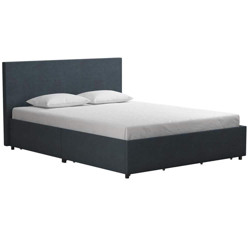 Elegant Navy Blue Linen Queen Storage Bed with Upholstered Headboard