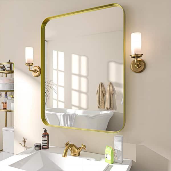 TOOLKISS 28 in. W x 36 in. H Rectangular Aluminum Framed Wall Bathroom Vanity Mirror in Gold