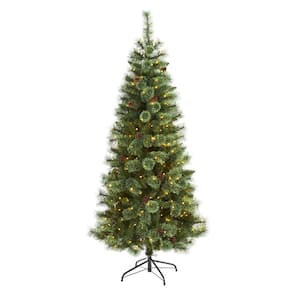 6 ft. Pre-Lit White Mountain Pine Artificial Christmas Tree with 300 Clear LED Lights and Pine Cones