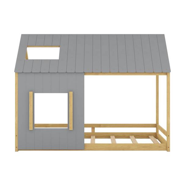 URTR Gray+Natural Full Size House Bed Frame, Full Floor Bed Montessori