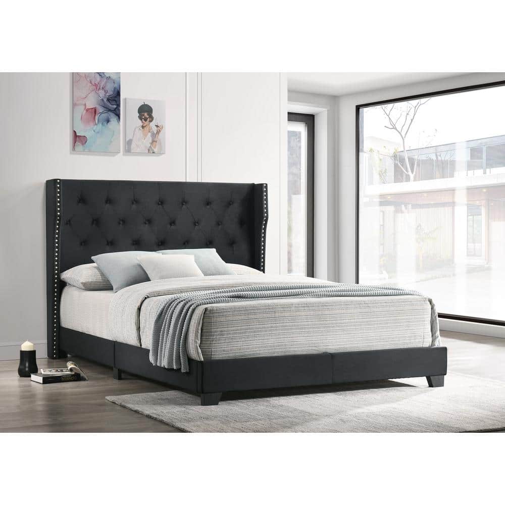 Luxurious Black Velvet King Panel Bed with Silver Nailhead Trim
