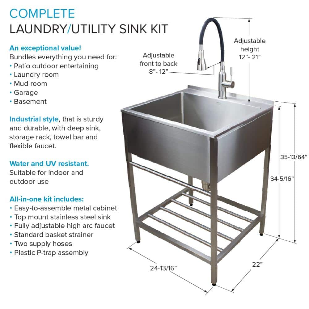 Brushed Satin Stainless Steel Farmhouse Laundry Sink with Wash Stand