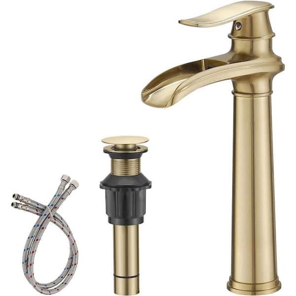 Single Handle Waterfall Vessel Sink Faucet with Pop-Up Drain and Brass Bathroom Faucet in Brushed Gold (Valve Included)
