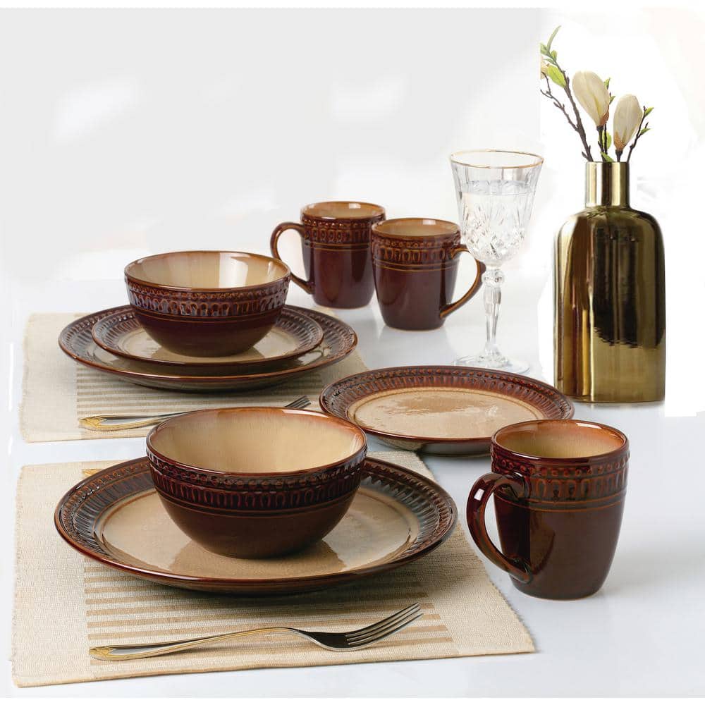 Rustic Brown and Caramel Ceramic 16-Piece Dinnerware Set