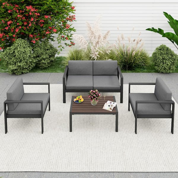 JimsMaison 4-Piece Aluminum Patio Conversation Set with Gray Cushions