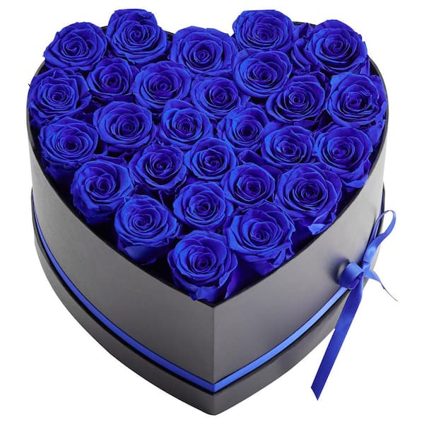 27 Preserved Roses in a Heart-Shaped Box, 5.71 in. Royal Blue Indoor Artificial Rose in Black Basket Container