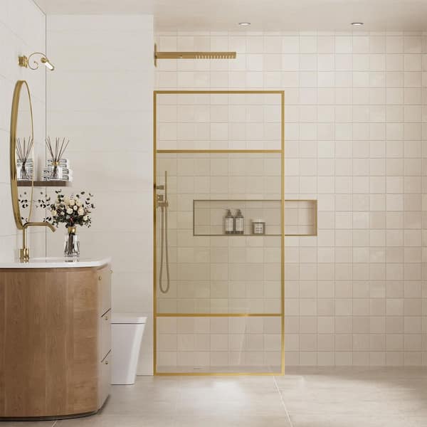 34 in. W x 74 in. H Framed Fixed Spliced Shower Screen Door in Brushed Gold with Tempered and LAMINATED Glass