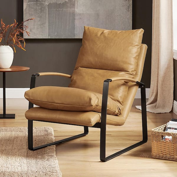 Art Leon Peculiar Design Brown Genuine Leather Lounge Accent Chair with Metal Legs