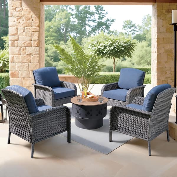 Denali Gray 5-Piece Wicker Outdoor Patio Conversation Chair Set with a Wood-Burning Fire Pit and Denim Blue Cushions