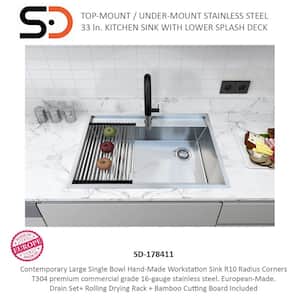 16-Gauge Stainless Steel 33 in. Single Bowl Undermount or Drop-In Kitchen Sink with Splash Deck and Offset Drain