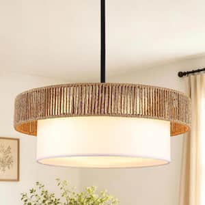 Modern Boho 3-Light Black Pendant Ceiling Light Fixture with Natural Rattan Rope Outer Shade and White Fabric Inner Drum