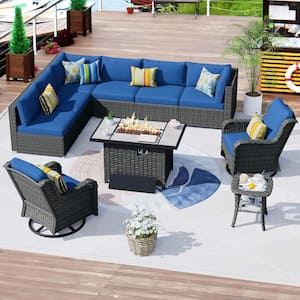 HOPPISH Gray 9-Piece Wicker Patio Rectangle Fire Pit Conversation Set with Navy Blue Cushions and Swivel Chairs