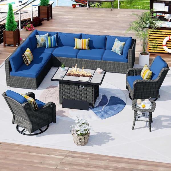 OVIOS HOPPISH Gray 9-Piece Wicker Patio Rectangle Fire Pit Conversation Set with Navy Blue Cushions and Swivel Chairs