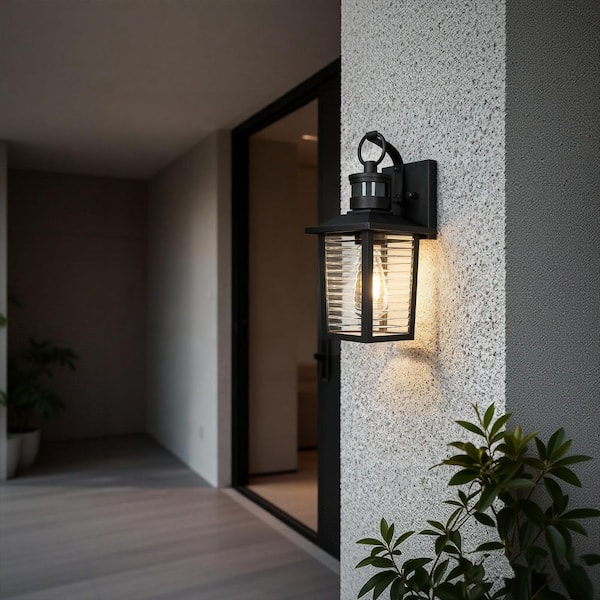 13 in. 1-Light Sand Black Motion Sensing Dusk to Dawn Hardwired Outdoor Wall Lantern Sconce with Ribbed Clear Glass