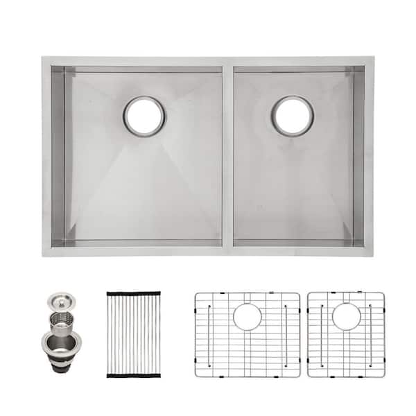 Sarlai 32 in. Undermount 60/40 Double Bowl 18 Gauge Stainless Steel Zero Radius Corner Kitchen Sink with Bottom Ggids