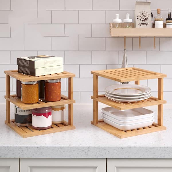 2 Pack Brown Bamboo Corner Shelf, 3-Tier Kitchen Cabinet Organizer for Plates and Dishes, Pantry Storage and Spice Rack