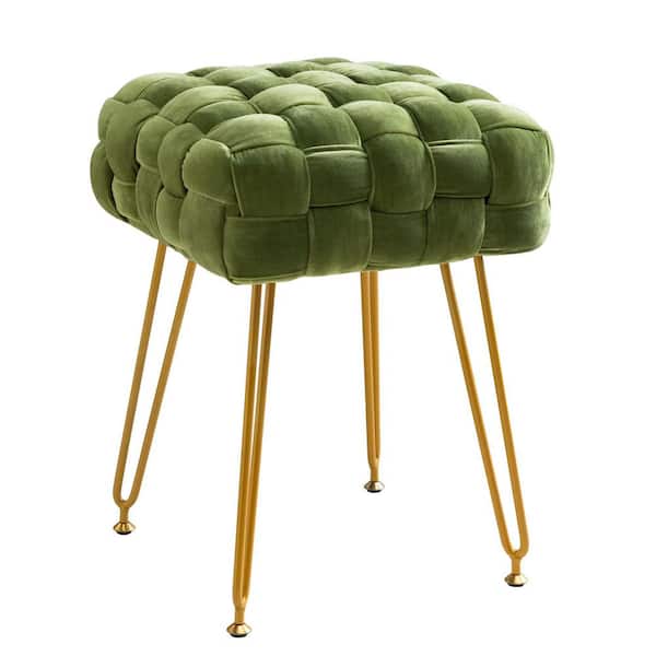 LUE BONA 18.5 in. Avocado Green Gold Metal Legs Velvet Vanity Stool Rectangle Ottoman Foot Stool Upholstered Make-Up Bench