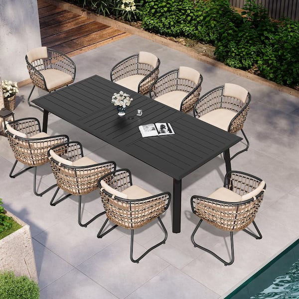 Pellebant 9-Piece Aluminum Outdoor Dining Set with Umbrella Hole, 94 in. Extendable Table and Beige Cushion Steel Rattan Chairs