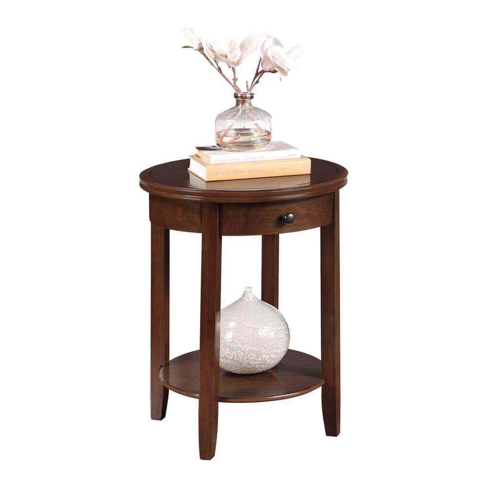 Espresso Round Wood End Table with Drawer and Shelf