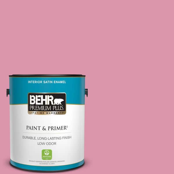 BEHR PREMIUM PLUS 1 gal. #110B-4 Foxy Pink Satin Enamel Low Odor Interior Paint & Primer