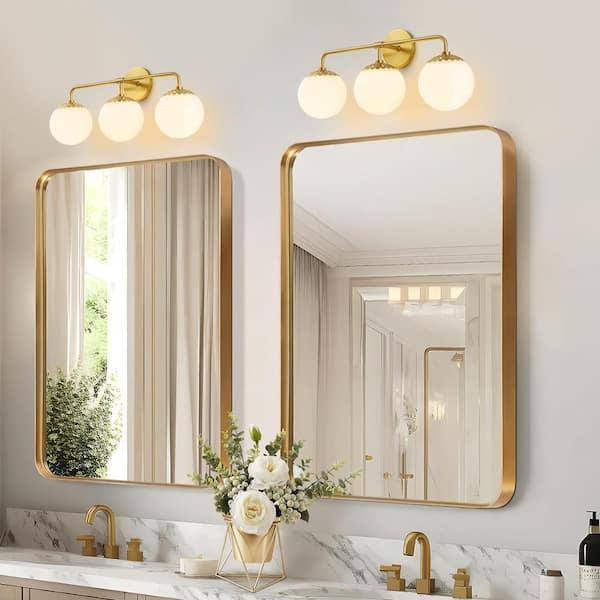 Ceder 23.6 in. W 3-Light Aged Brass Bathroom Vanity Light Floral Polished White Glass Wall Sconce Above Mirror