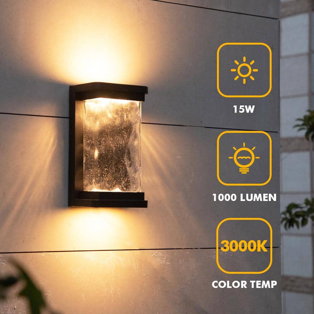 Modern Matte Black LED Outdoor Wall Lantern with Seeded Glass