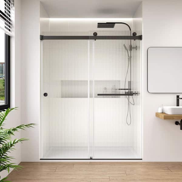 Fluted / Reeded Glass 60 in. W x 76 in. H Double Sliding Frameless Bath Shower Door in Matte Black