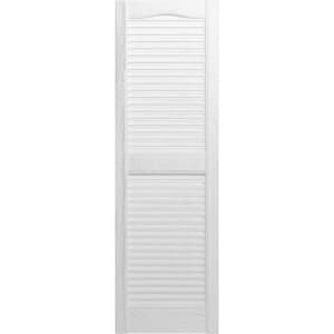 14-1/2 in. x 60 in. Lifetime Vinyl Standard Cathedral Top Center Mullion Open Louvered Shutters Pair Bright White