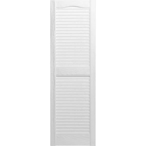 Ekena Millwork 14-1/2 in. x 60 in. Lifetime Vinyl Standard Cathedral Top Center Mullion Open Louvered Shutters Pair Bright White