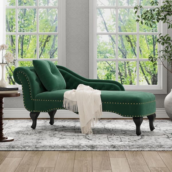 Calyra French Green Velvet Button Tufted Nailhead Trim Upholstered Chaise Lounge with Scrolled Backrest and Pillow