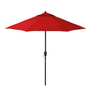 9 ft. Bronze Aluminum Market Patio Umbrella with Crank Lift and Autotilt in Red Pacifica Premium