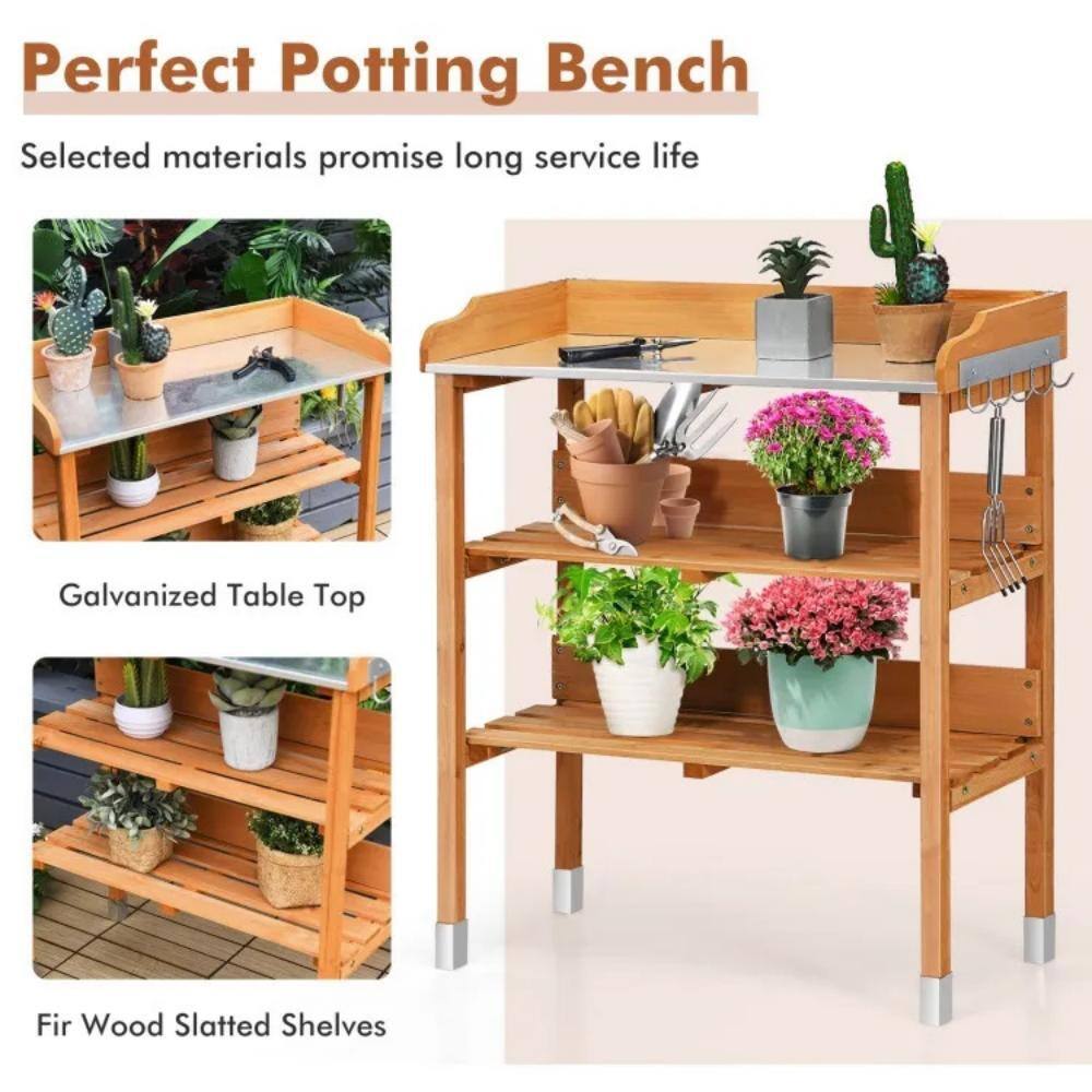 Natural Fir Wood Potting Bench with Galvanized Steel Top