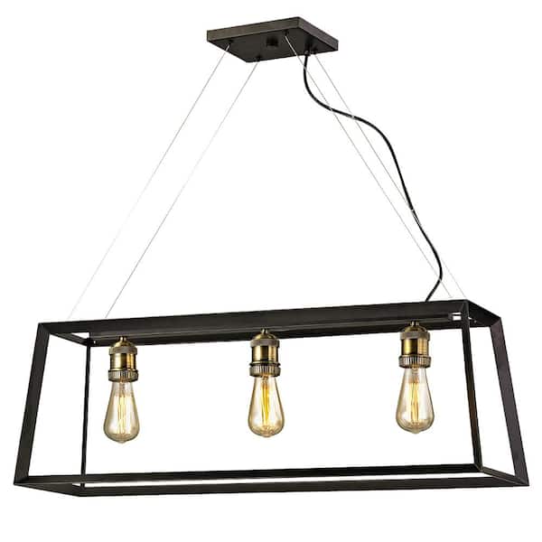 Home Decorators Collection Walden Forge 3-Light Black Frame Linear Island Pendant with Antique Brass Sockets