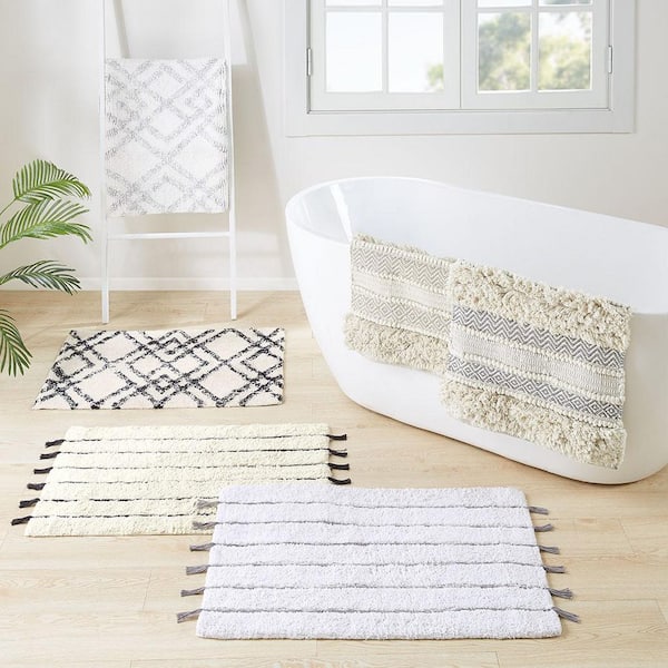 20 in. x 32 in. Grey Woven Texture Stripe Bath Rug, Washable Bath